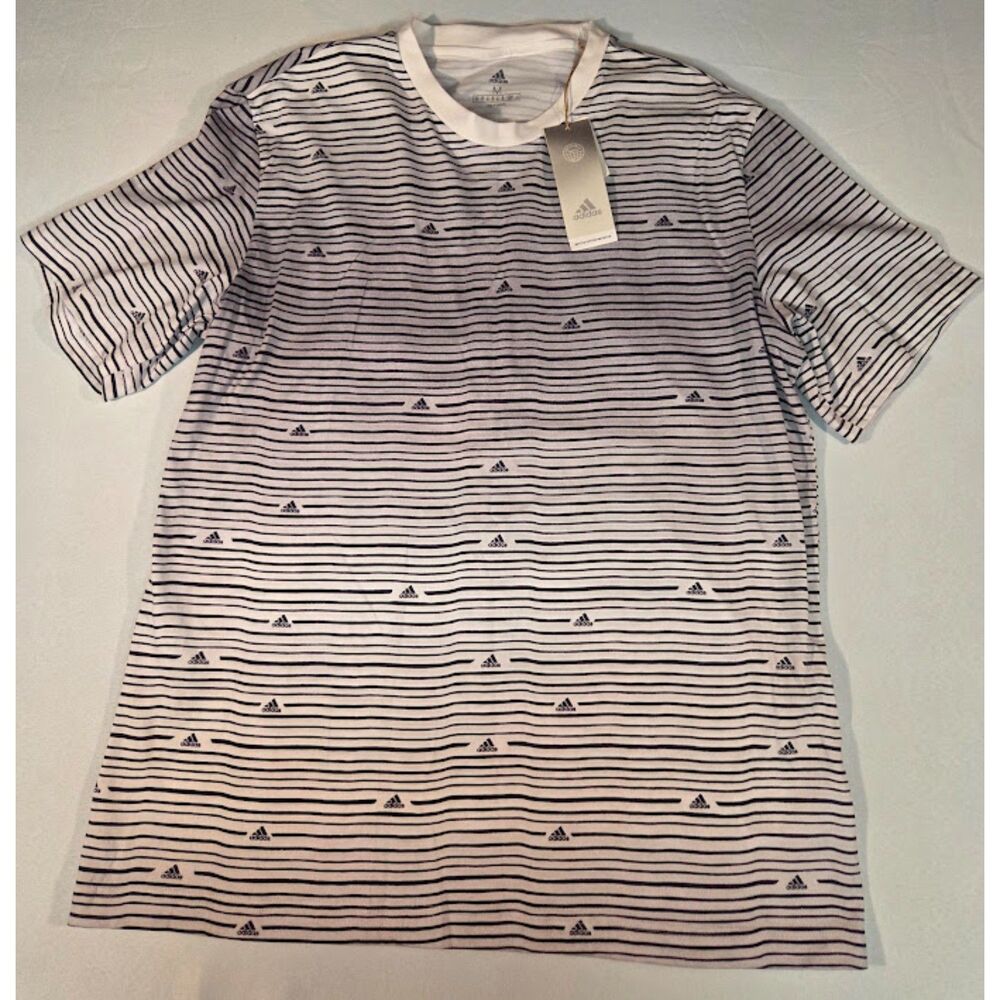 Adidas Striped T-Shirt Men’s Medium White Navy Logo Print NWT